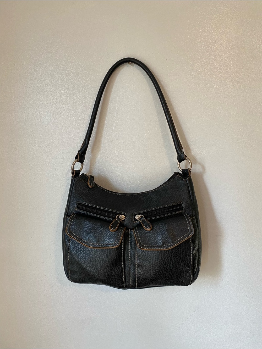Vintage Y2K Faded Black Pebbled Leather Utility Shoulder Bag